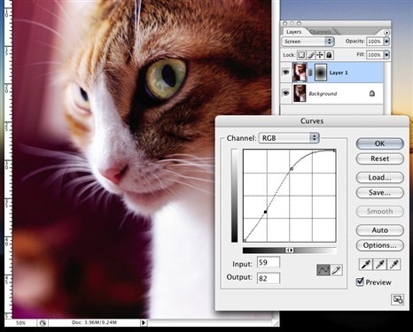 这里就很自由了，可以在图层选项里选择屏幕Screen，叠加Overlay，