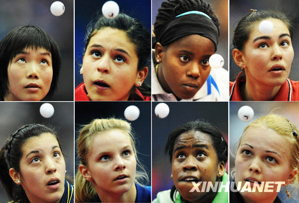 4月28日，参赛选手在女子单打预赛中发球（拼版照片）。当日，第50届世界乒乓球锦标赛预赛在日本横滨体育馆揭开战幕。